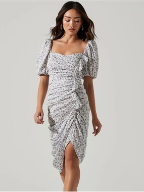 ASTR The Label Emma Floral Puff Sleeve Midi Dress Blue Purple Ditsy Ruched Small